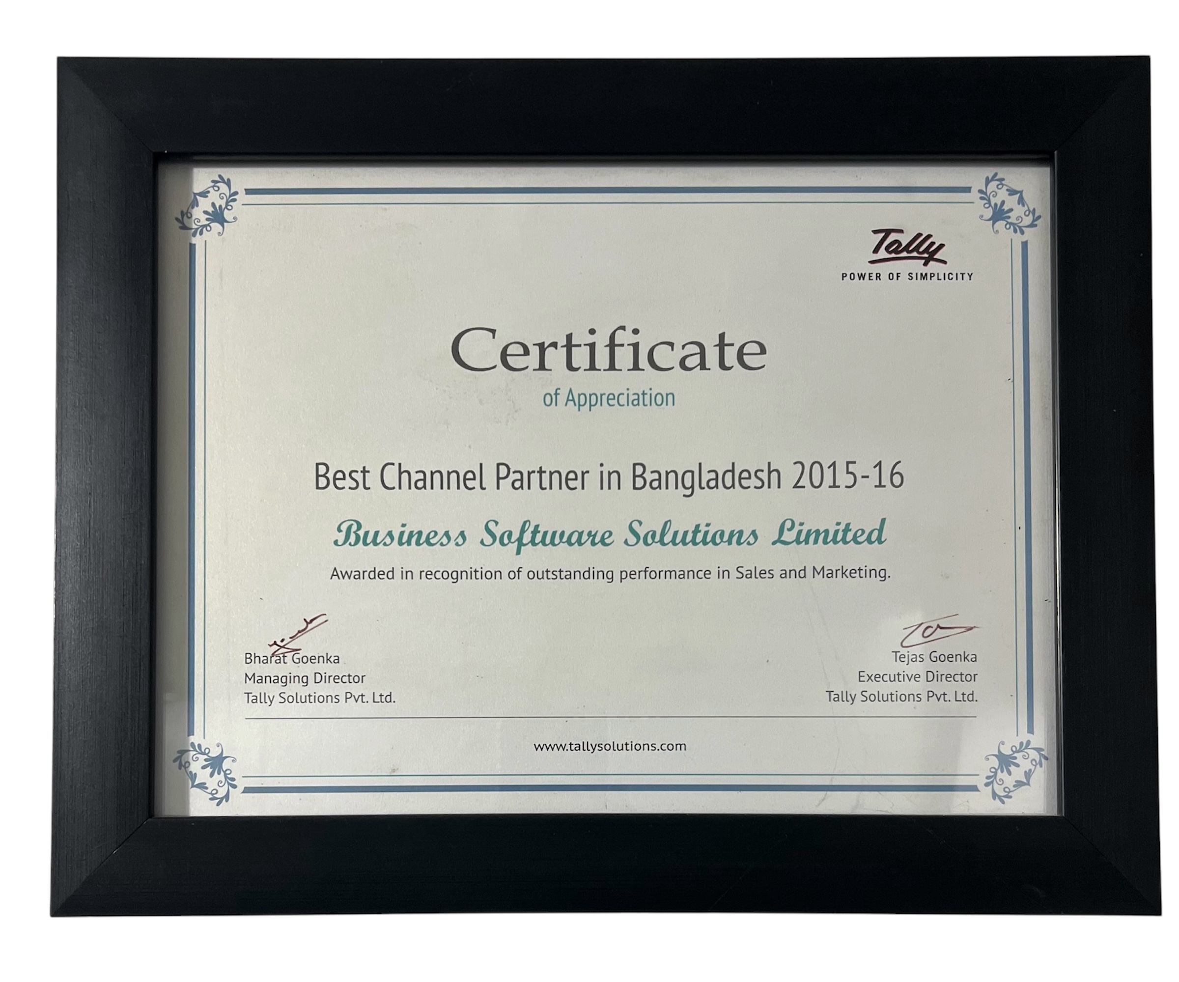 Best Channel Partner in Bangladesh 2015-2016 Certificate of Appreciation